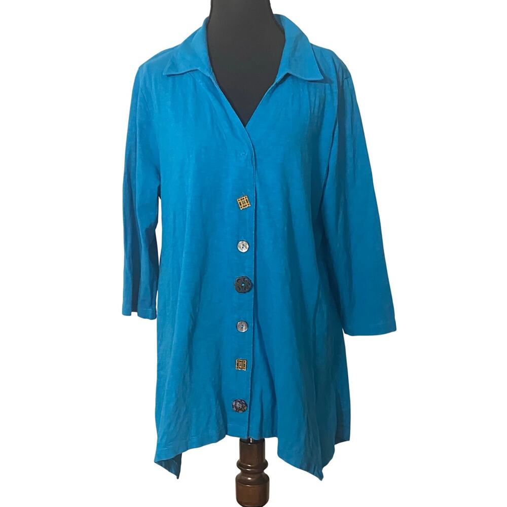 Soft Surroundings Teal Artistic Button Knit Tunic Top Large Long Sleeve Lagen